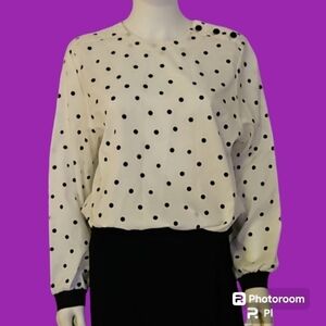 VTG SHAPELY 1980s Monochrome Polka Dot Blouson Oversized Blouse